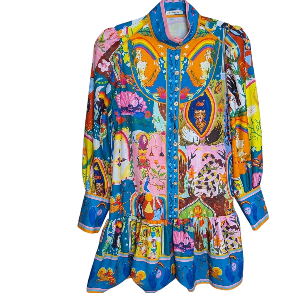 Avara Sunday Up Vibrant Multi-Color Printed Button-Front Mini Dress..Size Small